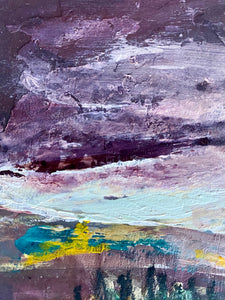 Paintings by Joni Murphy. Purple, yellow and turquoise, semi-abstract landscape. Lake and mountains. 