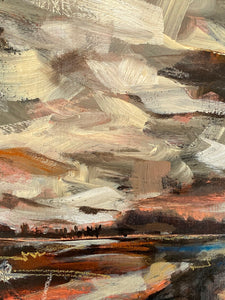 Painting by Joni Murphy. Moody sky with distant hills. Peach clouds. Detail close up