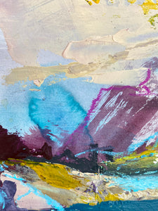 Paintings by Joni Murphy. Purple, yellow and turquoise, semi-abstract landscape. Lake and mountains. 