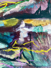 Load image into Gallery viewer, Paintings by Joni Murphy. Purple, yellow and turquoise, semi-abstract landscape. Lake and mountains. 