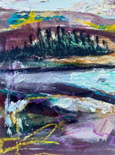 Load image into Gallery viewer, Paintings by Joni Murphy. Purple, yellow and turquoise, semi-abstract landscape. Lake and mountains. 