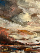 Load image into Gallery viewer, Painting by Joni Murphy. Moody sky with distant hills. Peach clouds. Detail close up