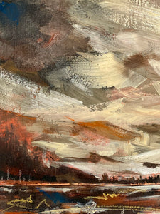 Painting by Joni Murphy. Moody sky with distant hills. Peach clouds. Detail close up