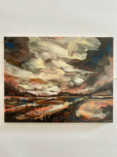 Painting by Joni Murphy. Moody sky with distant hills. Peach clouds. 
