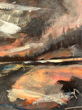 Load image into Gallery viewer, Painting by Joni Murphy. Moody sky with distant hills. Peach clouds. Detail close up